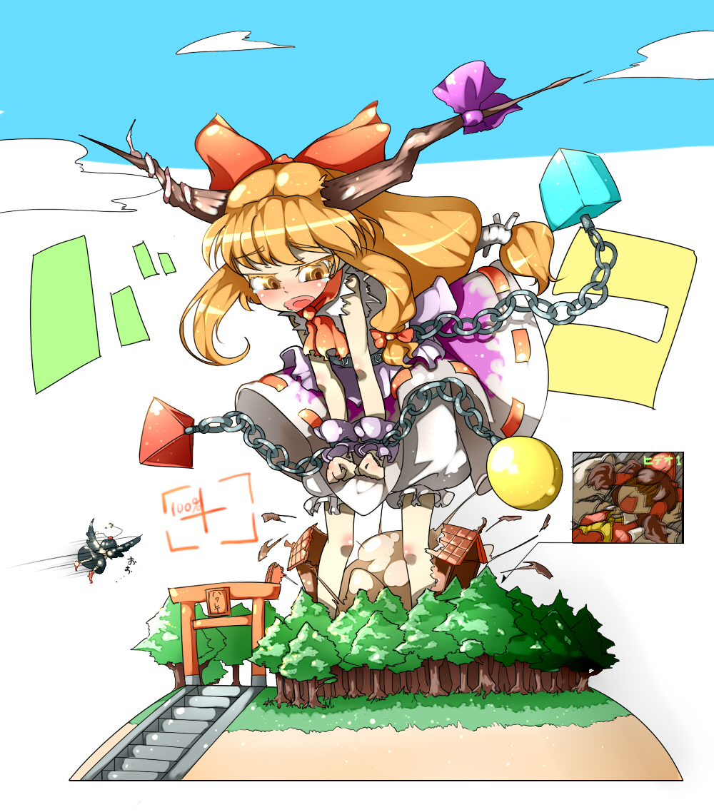 bow, brown_eyes, brown_hair, camera, forest, giantess, hair_bow, hakurei_reimu