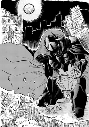 abs, armor, bodysuit, cape, city, destruction, gloves, lowres