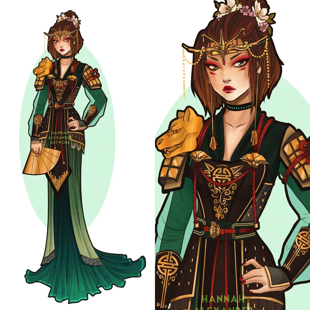armor, avatar:_the_last_airbender, avatar_legends, brown_hair, chinese_clothes, eyeshadow, hand_fan, hannahartwork, jewelry, makeup, necklace, pauldrons, ponytail, red_eyeliner, red_eyeshadow, red_lips, short_hair, shoulder_armor, suki, tied_hair, weapon