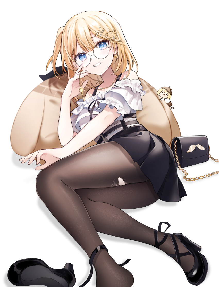 1girl, absurdres, bag, blonde_hair, blue_eyes, casual, frills, glasses, grin, hair_ornament, hairclip, handbag, high_heels, highres, hololive, hololive_english, jewelry, key_necklace, lying, matsu82_p, monocle_hair_ornament, necklace, on_back, pantyhose, pillow, round_eyewear, side_ponytail, smile, smol_ame, solo, torn_clothes, torn_legwear, virtual_youtuber, walfie_(style), watson_amelia