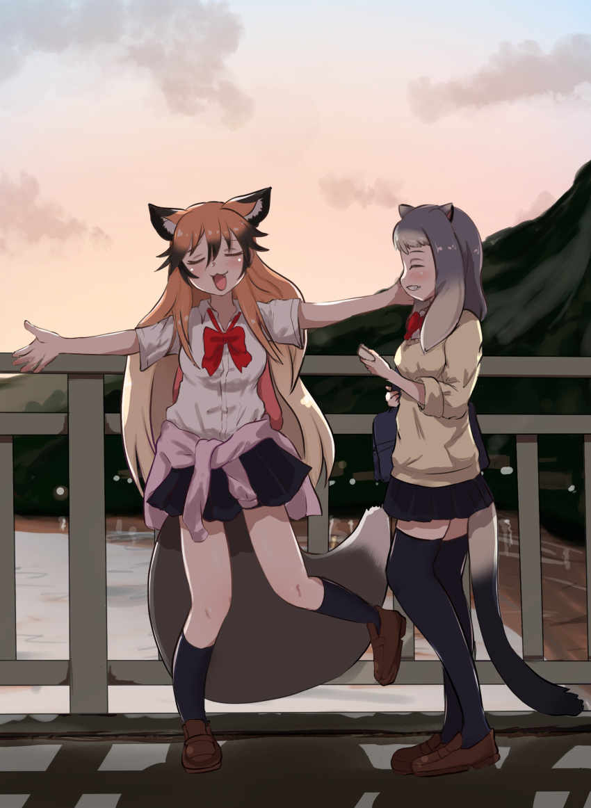 2girls, :3, absurdres, akaisuto, alpine_marmot_(kemono_friends), alternate_costume, animal_ears, bag, beige_sweater, black_hair, black_legwear, black_skirt, blonde_hair, bow, bowtie, brown_footwear, brown_hair, closed_eyes, clothes_around_waist, collared_shirt, eyebrows_visible_through_hair, fox_ears, fox_girl, fox_tail, grey_hair, highres, kemono_friends, loafers, long_hair, long_sleeves, multicolored_hair, multiple_girls, open_mouth, orange_hair, pink_sweater, pleated_skirt, red_bow, red_bowtie, red_fox_(kemono_friends), school_bag, school_uniform, shirt, shoes, short_hair, short_sleeves, skirt, socks, squirrel_ears, squirrel_girl, squirrel_tail, sweater, sweater_around_waist, tail, thigh-highs, white_shirt, zettai_ryouiki
