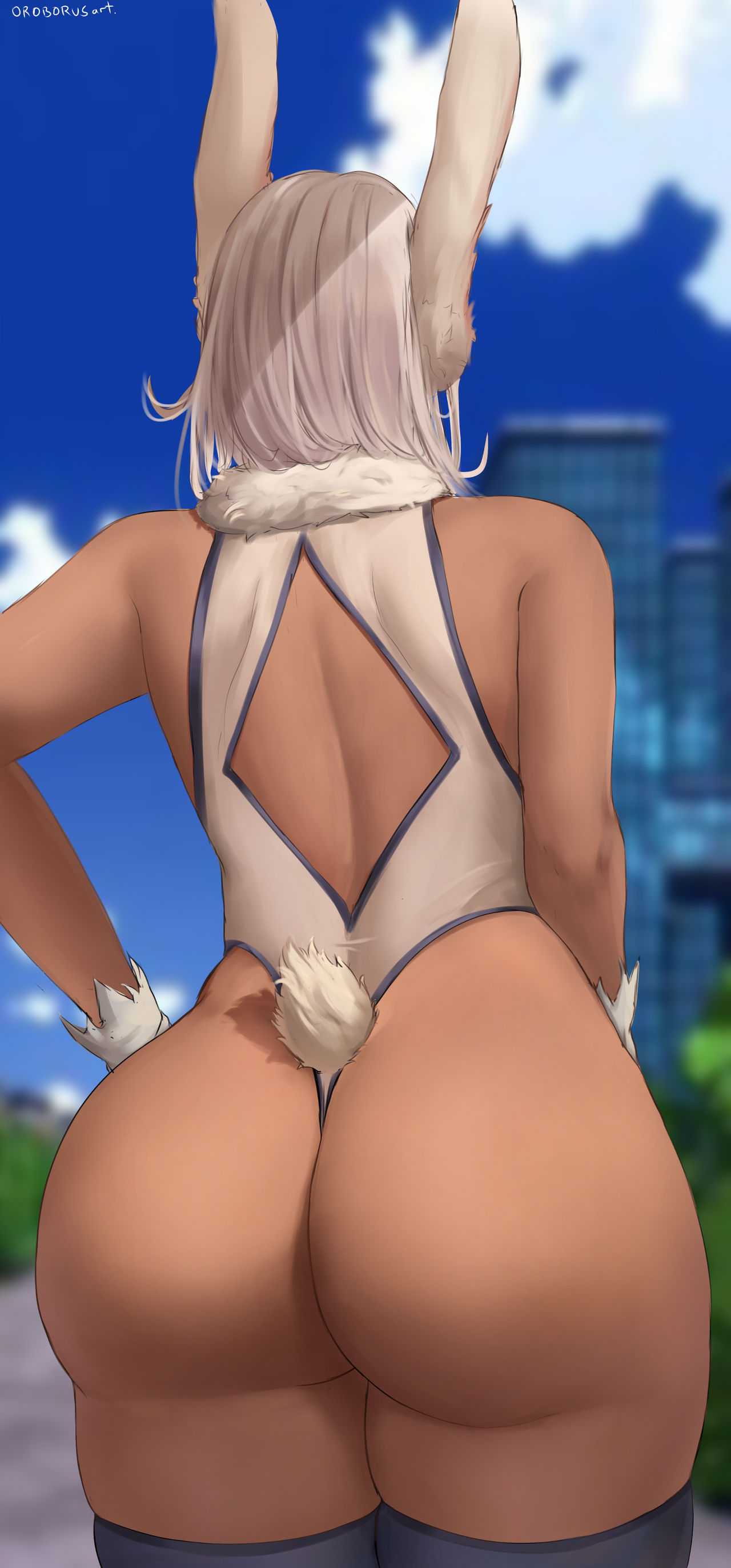 1girl, absurdres, animal_ears, artist_name, ass, back, backless_leotard, bare_shoulders