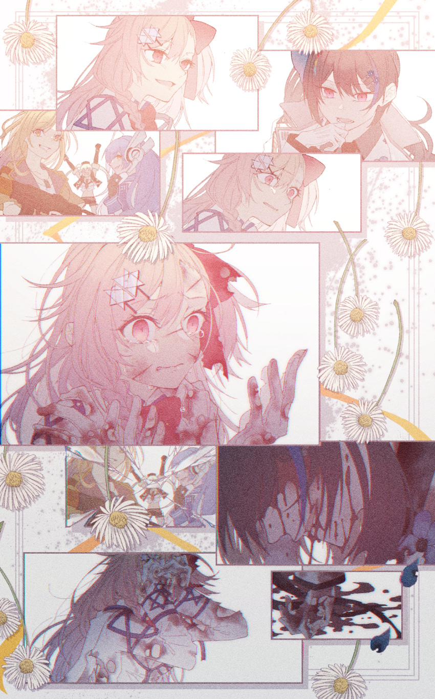 5girls, arms_up, assault_rifle, bangs, blonde_hair, blood, blood_on_clothes, blood_on_face