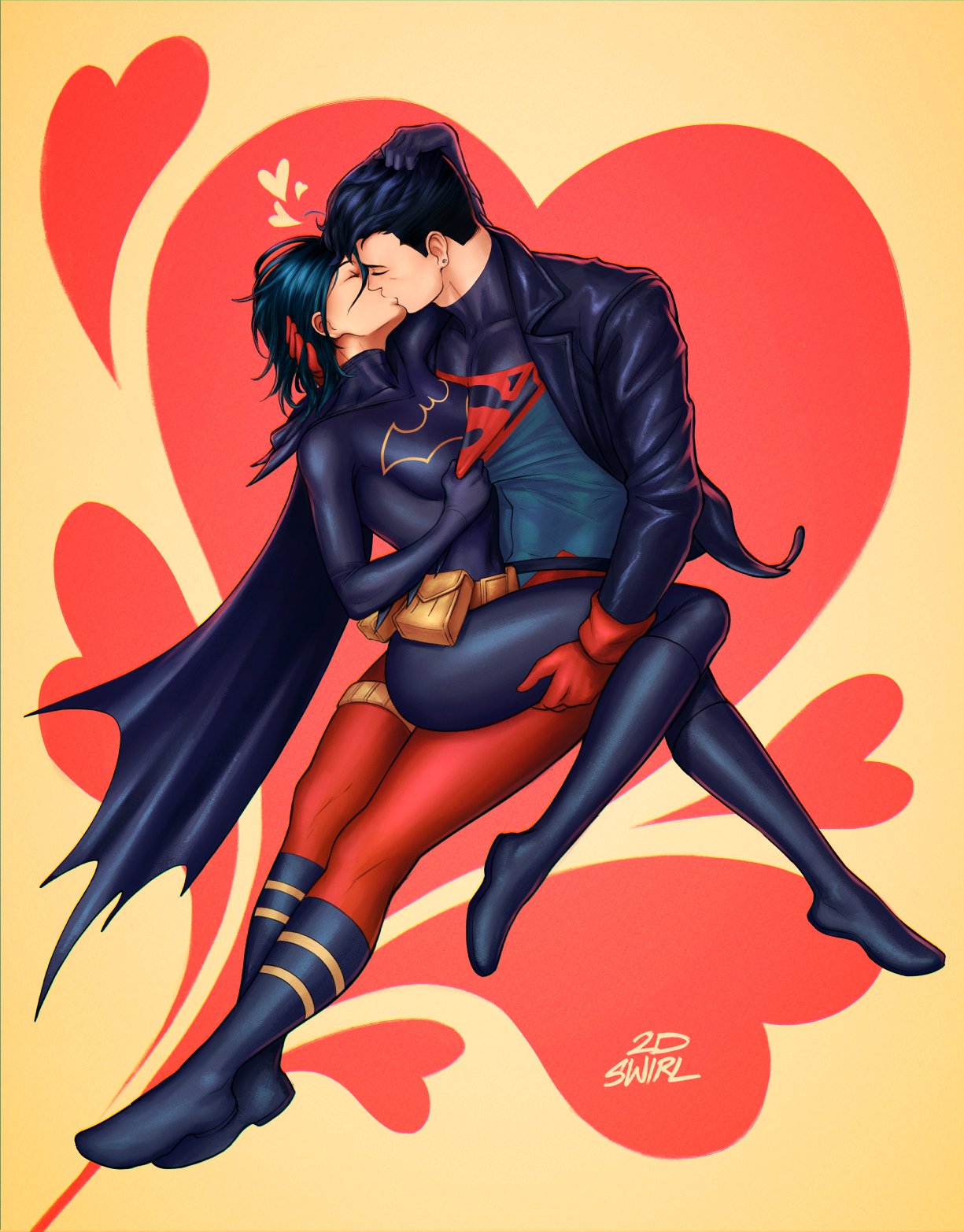 1boy, 1girl, 2dswirl, artist_name, batgirl, batman_(series), belt, black_cape