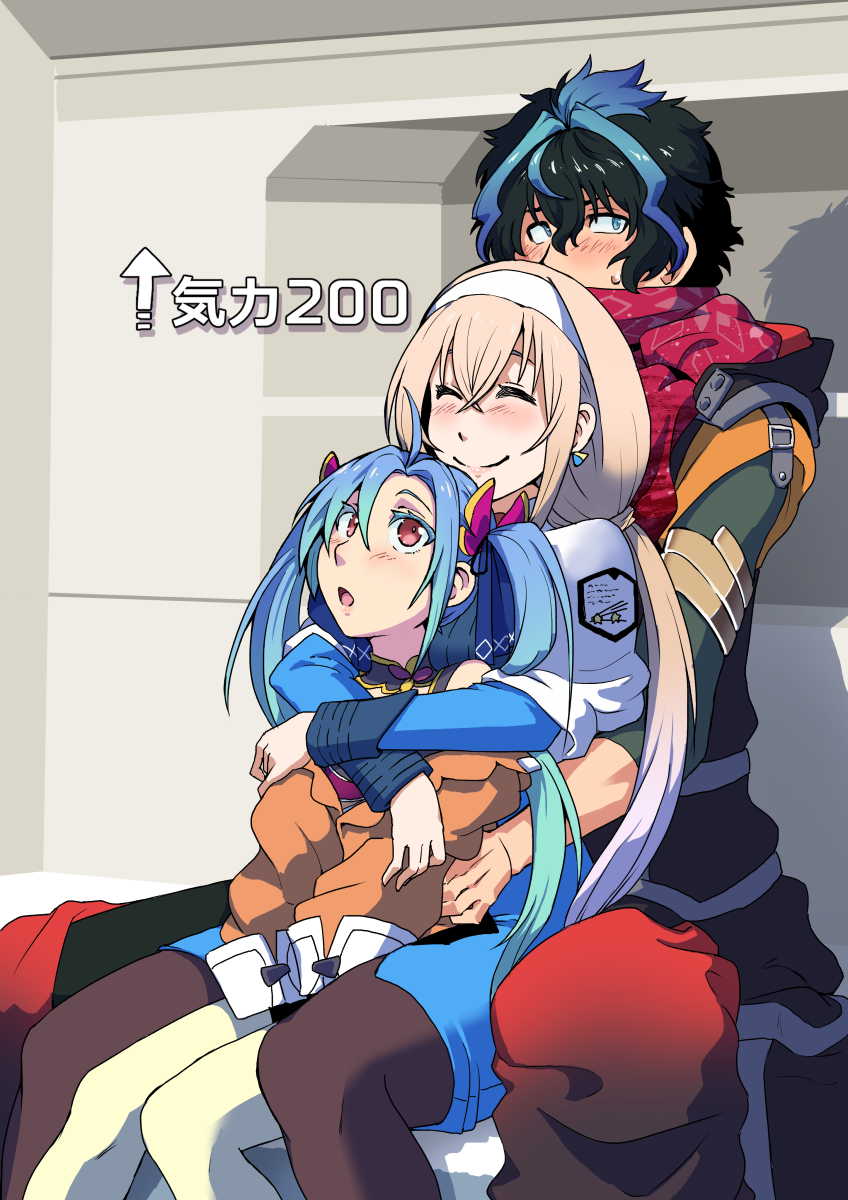 1boy, 2girls, ao-yume, az_sainklaus, black_hair, blonde_hair, blue_dress, blue_eyes