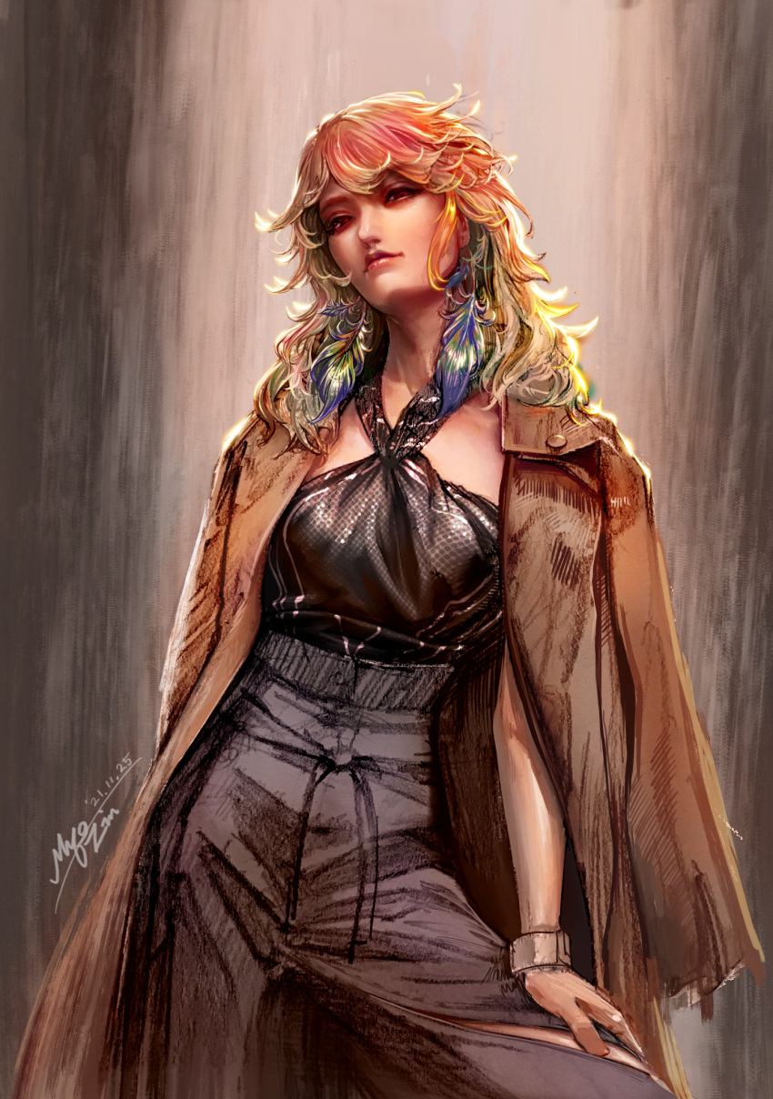 1girl, arm_support, backlighting, bangs, blonde_hair, breasts, brown_coat, closed_mouth