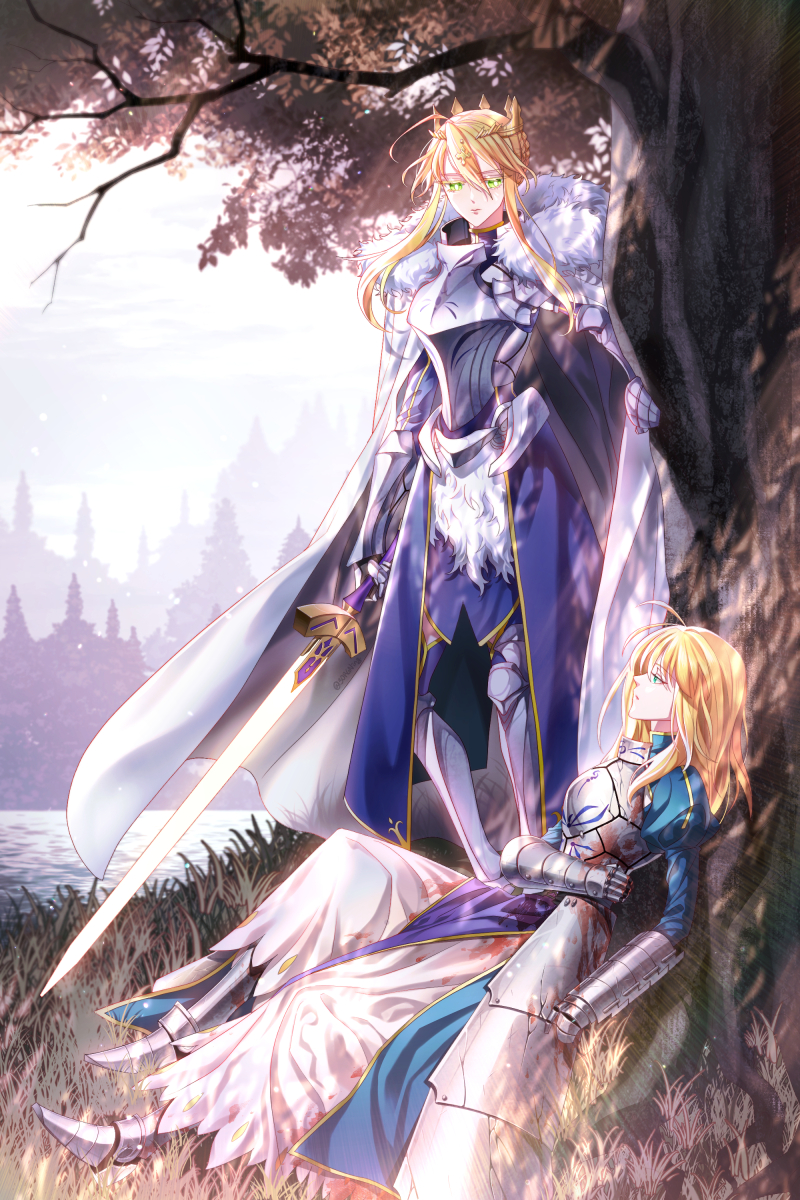2girls, 3orgning, ahoge, armor, armored_dress, artoria_pendragon_(fate), artoria_pendragon_(lancer)_(fate), bangs, blonde_hair, blood, blood_on_clothes, blue_dress, blue_eyes, cape, commentary_request, crown, dress, excalibur_(fate/stay_night), fate/grand_order, fate_(series), full_body, fur-trimmed_cape, fur_trim, gauntlets, grass, green_eyes, hair_between_eyes, highres, holding, holding_sword, holding_weapon, korean_commentary, long_hair, looking_at_another, lying, multiple_girls, parted_lips, saber, sidelocks, standing, sword, tree, weapon