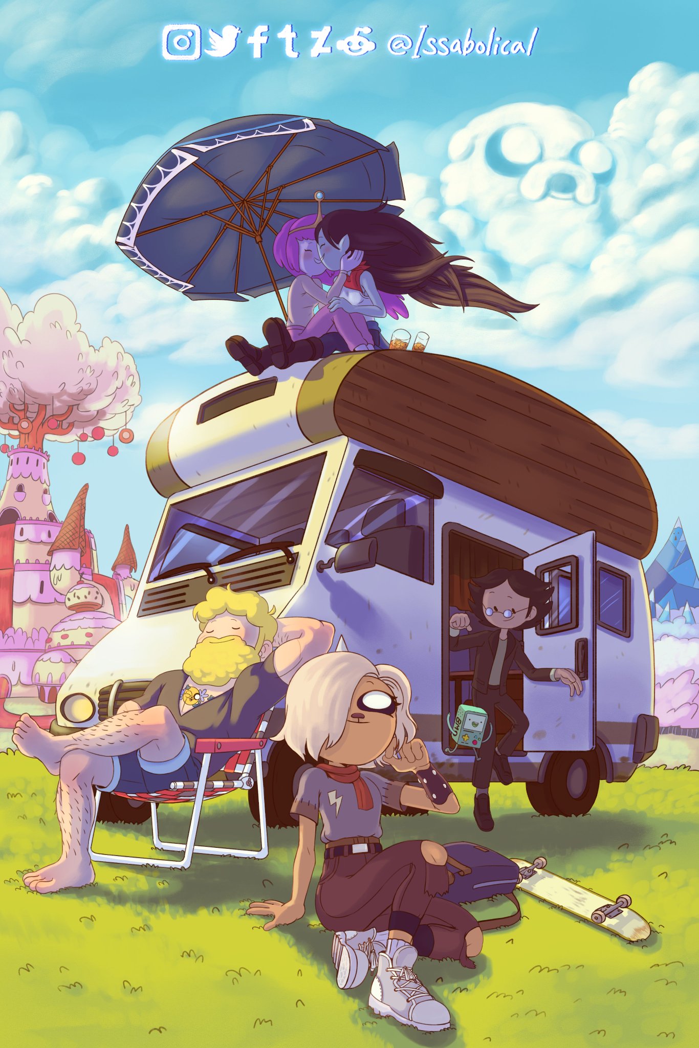 1other, 2boys, 3girls, adventure_time, beard, black_hair, blonde_hair, bmo, bronwyn, car, chair, clouds, colored_skin, day, dog, dog_girl, facial_hair, finn_the_human, glasses, grass, ground_vehicle, highres, interspecies, issabolical, jake_the_dog, kiss, long_hair, marceline_abadeer, monster_girl, motor_vehicle, multiple_boys, multiple_girls, pink_hair, pink_skin, princess_bonnibel_bubblegum, short_hair, simon_petrikov, sitting, sword, trailer, umbrella, weapon, yellow_fur, yuri