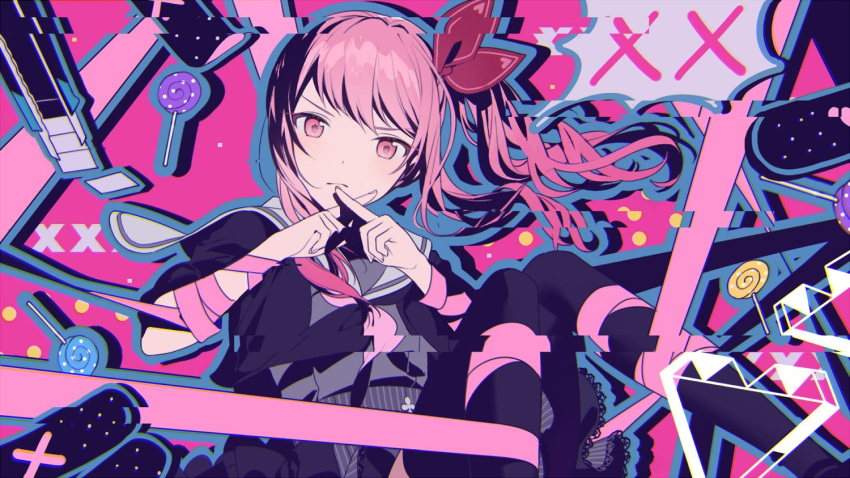1other, akiyama_mizuki, androgynous, bandaid, bangs, black_legwear, bound, bow