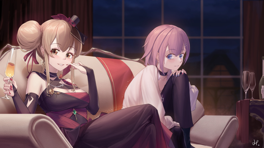 2girls, black_choker, black_dress, black_pants, blue_eyes, breasts, brown_eyes, brown_hair