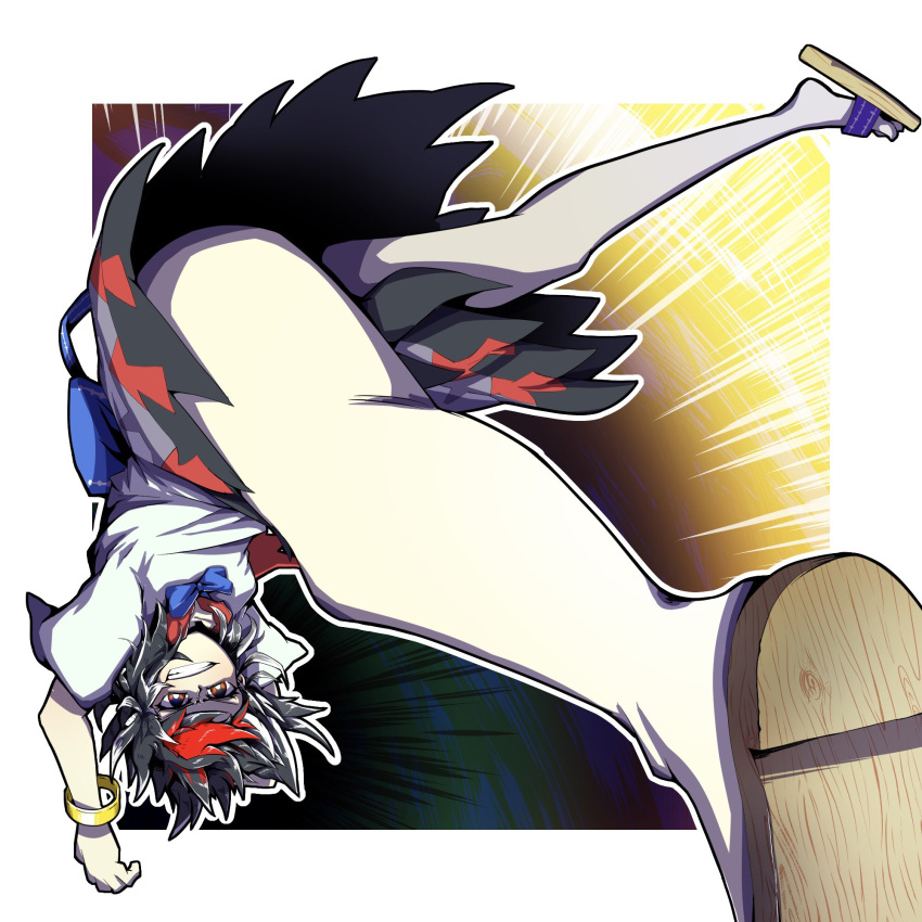 1girl, arrow_print, bangs, black_hair, blue_bow, blue_bowtie, border, bow, bowtie, bracelet, bright_pupils, brown_footwear, emphasis_lines, full_body, grin, highres, hurin_raika, jewelry, kijin_seija, multicolored_hair, outline, red_eyes, redhead, shirt, short_hair, short_sleeves, smile, solo, streaked_hair, touhou, white_border, white_outline, white_pupils, white_shirt