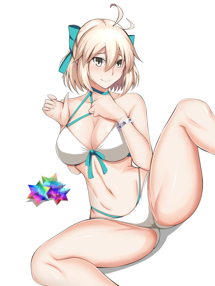 1girl, ahoge, blonde_hair, blush, bracelet, breasts, fate/grand_order, fate_(series), highres, jewelry, kurokobokujo, medium_breasts, nose_blush, okita_j._souji_(fate), okita_souji_(fate), okita_souji_(koha/ace), saint_quartz_(fate), smile, solo, spread_legs, swimsuit, white_background, yellow_eyes