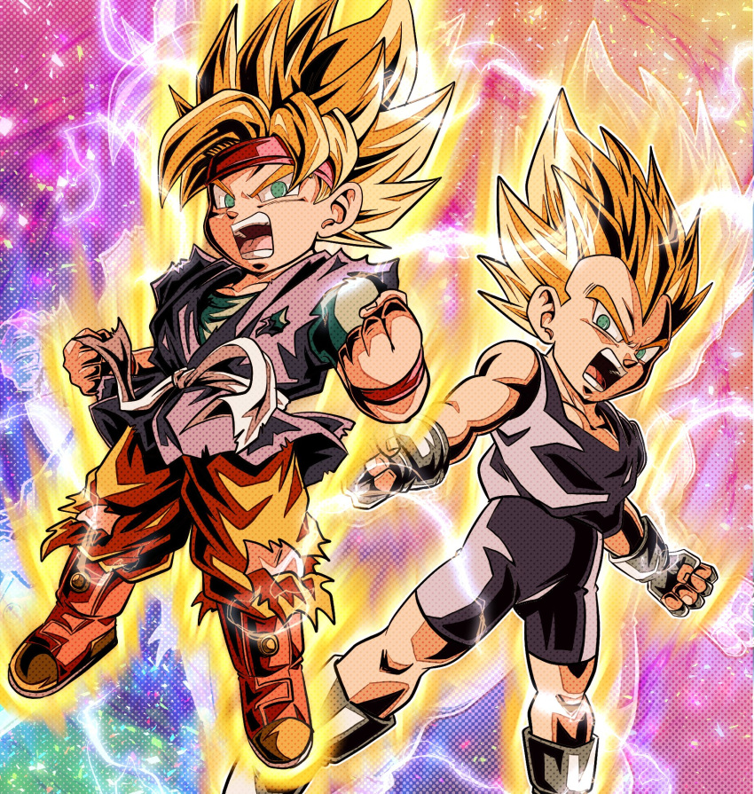 2boys, aura, blonde_hair, blue_eyes, dragon_ball, dragon_ball_gt, electricity, energy