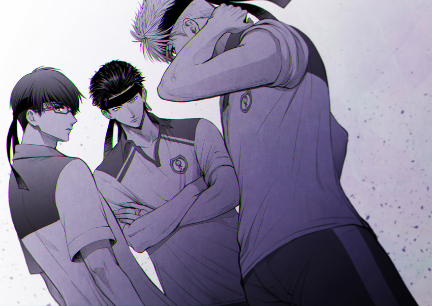 3boys, arm_up, bangs, chiroru, covered_mouth, crossed_arms, dutch_angle, fujiyama_arashi