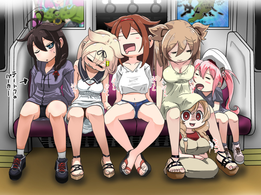 ahoge, beret, black_footwear, black_hair, black_panties, black_ribbon, blonde_hair, blue_shorts