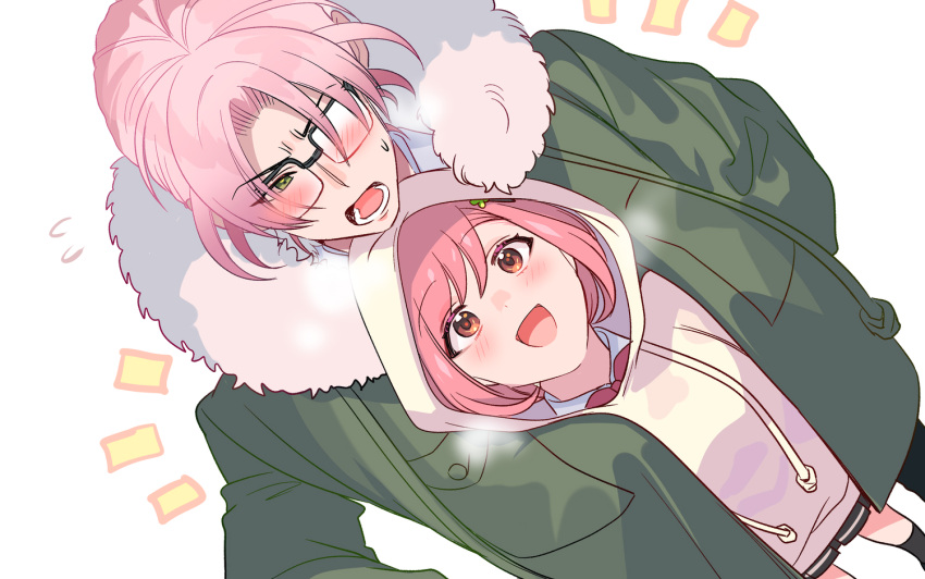 1boy, 1girl, :d, bangs, bob_cut, breath, drawstring, dutch_angle