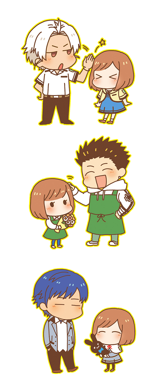 >_<, 1girl, 3boys, apron, black_hair, blazer, blue_hair, blush