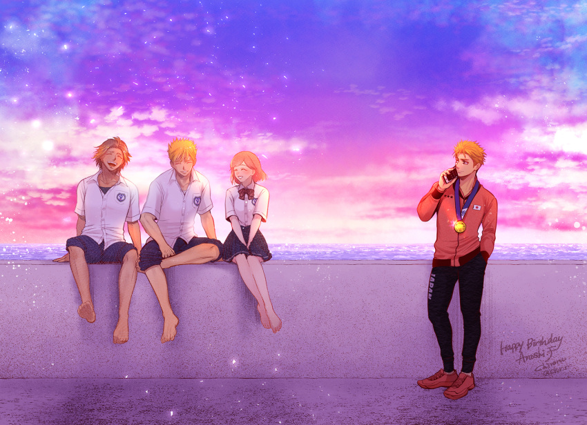 1boy, bare_legs, barefoot, black_pants, blonde_hair, bob_cut, bow, bowtie