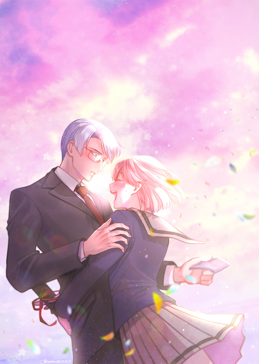 1boy, 1girl, blush, bob_cut, chiroru, clouds, confetti, cowboy_shot
