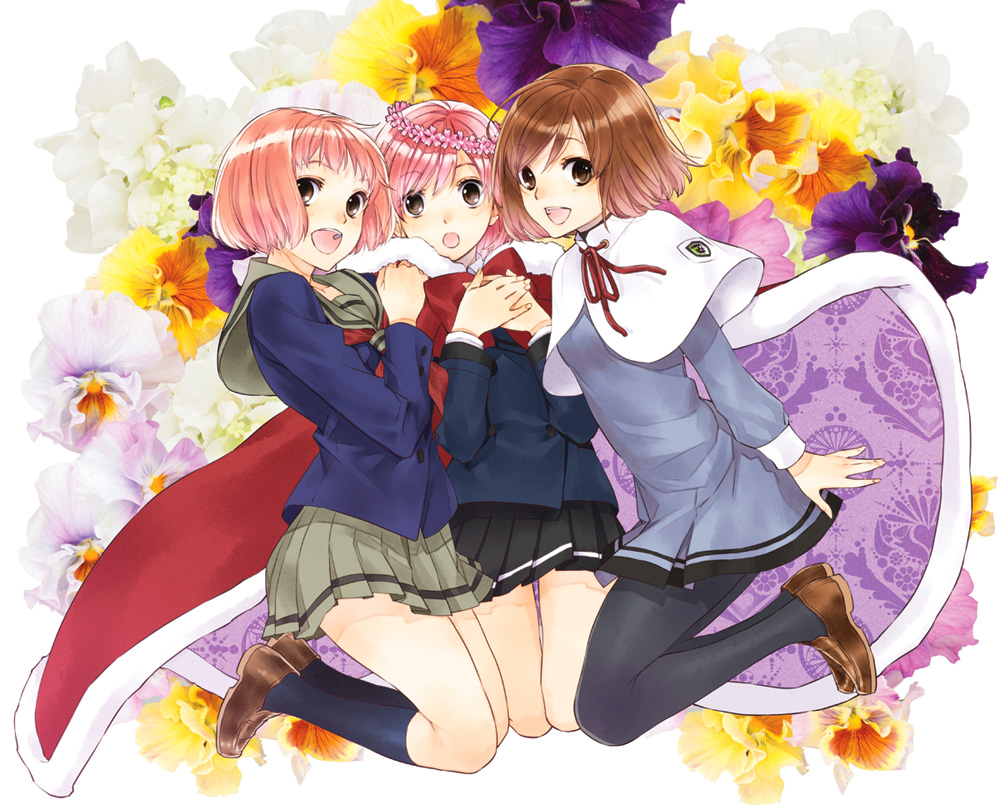 3girls, :d, :o, arms_at_sides, bangs, black_legwear, black_skirt, blazer, bob_cut, bow, bowtie, breasts, brown_eyes, brown_footwear, cape, capelet, collared_shirt, dress, dress_shirt, floral_background, flower_wreath, full_body, grey_dress, habataki_academy_uniform, hands_up, head_wreath, jacket, kneehighs, kneeling, loafers, long_sleeves, looking_at_viewer, miniskirt, multiple_girls, neck_ribbon, neckerchief, own_hands_together, pan_chira, pantyhose, pink_hair, pleated_skirt, protagonist_(tokimemo_gs), protagonist_(tokimemo_gs2), protagonist_(tokimemo_gs3), red_bow, red_bowtie, red_cape, red_neckerchief, redhead, ribbon, royal_robe, school_uniform, serafuku, shirt, shoes, short_dress, short_hair, skirt, smile, surprised, swept_bangs, tokimeki_memorial, tokimeki_memorial_girl's_side, tokimeki_memorial_girl's_side_2nd_kiss, tokimeki_memorial_girl's_side_3rd_story, w_arms, white_background, white_shirt