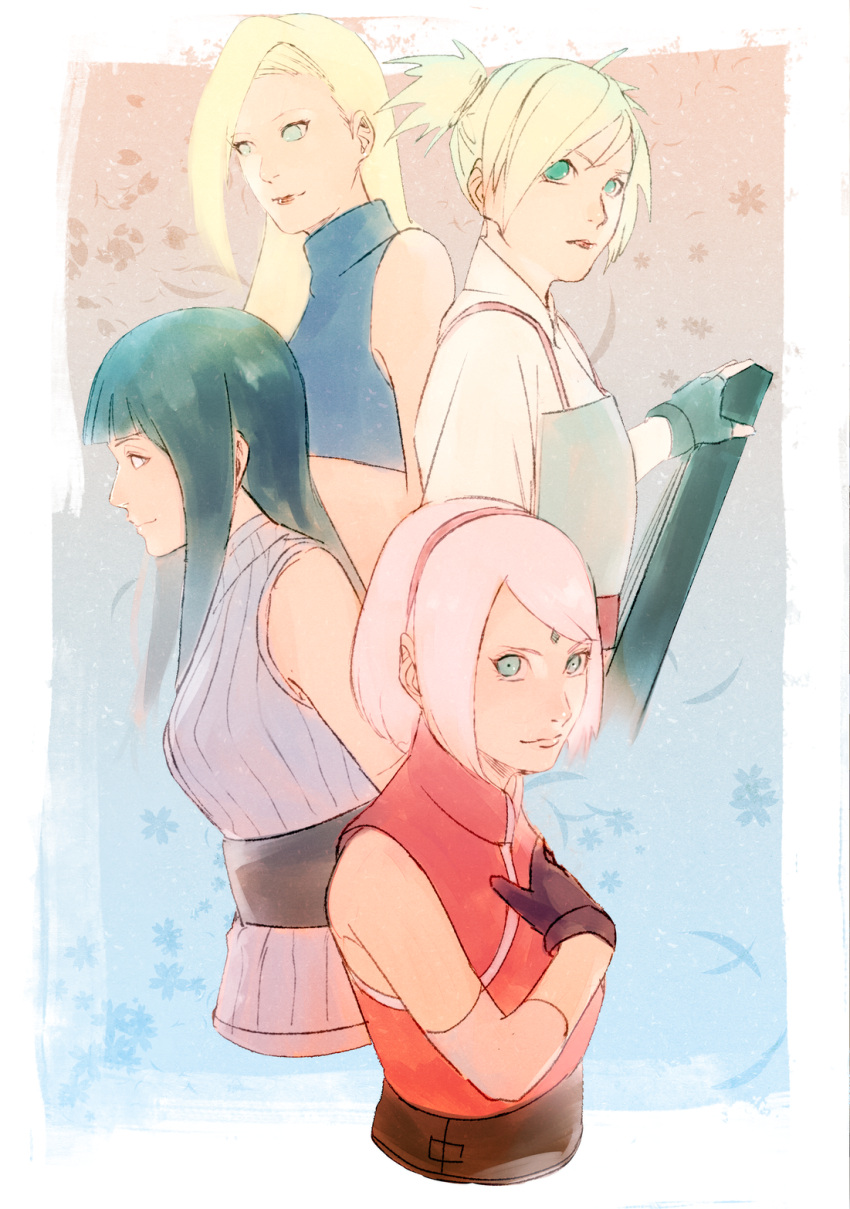 4girls, bangs, bare_shoulders, black_gloves, blonde_hair, blue_eyes, blue_hair, breasts