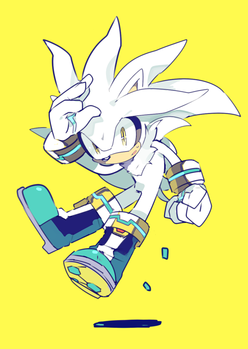 1boy, animal_nose, boots, floating, furry, furry_male, gloves, hand_up, looking_at_viewer, male_focus, open_mouth, silver_the_hedgehog, sirasudon3, solo, sonic_(series), sweatdrop, white_gloves, yellow_eyes