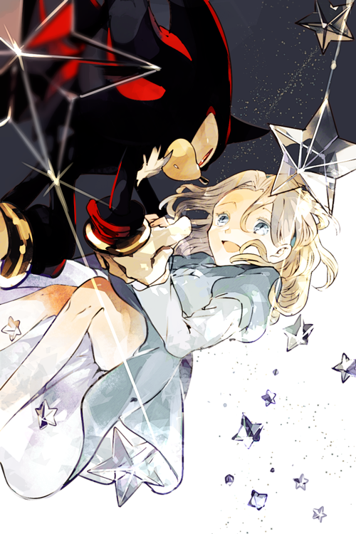 1boy, 1girl, :d, blonde_hair, blue_dress, blue_eyes, dress, eye_contact, furry, furry_male, gloves, holding_hands, looking_at_another, maria_robotnik, red_eyes, shadow_the_hedgehog, sirasudon3, smile, sonic_(series), star_(symbol), white_gloves