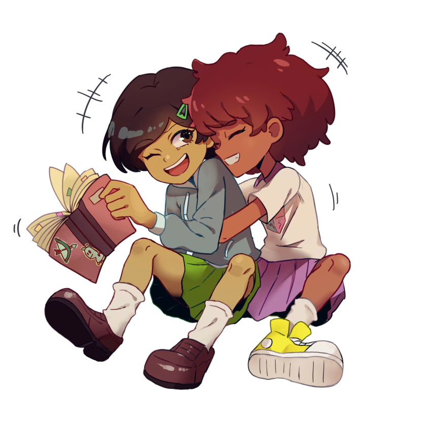 +++, 2girls, amphibia, anne_boonchuy, book, brown_eyes, brown_hair, closed_eyes