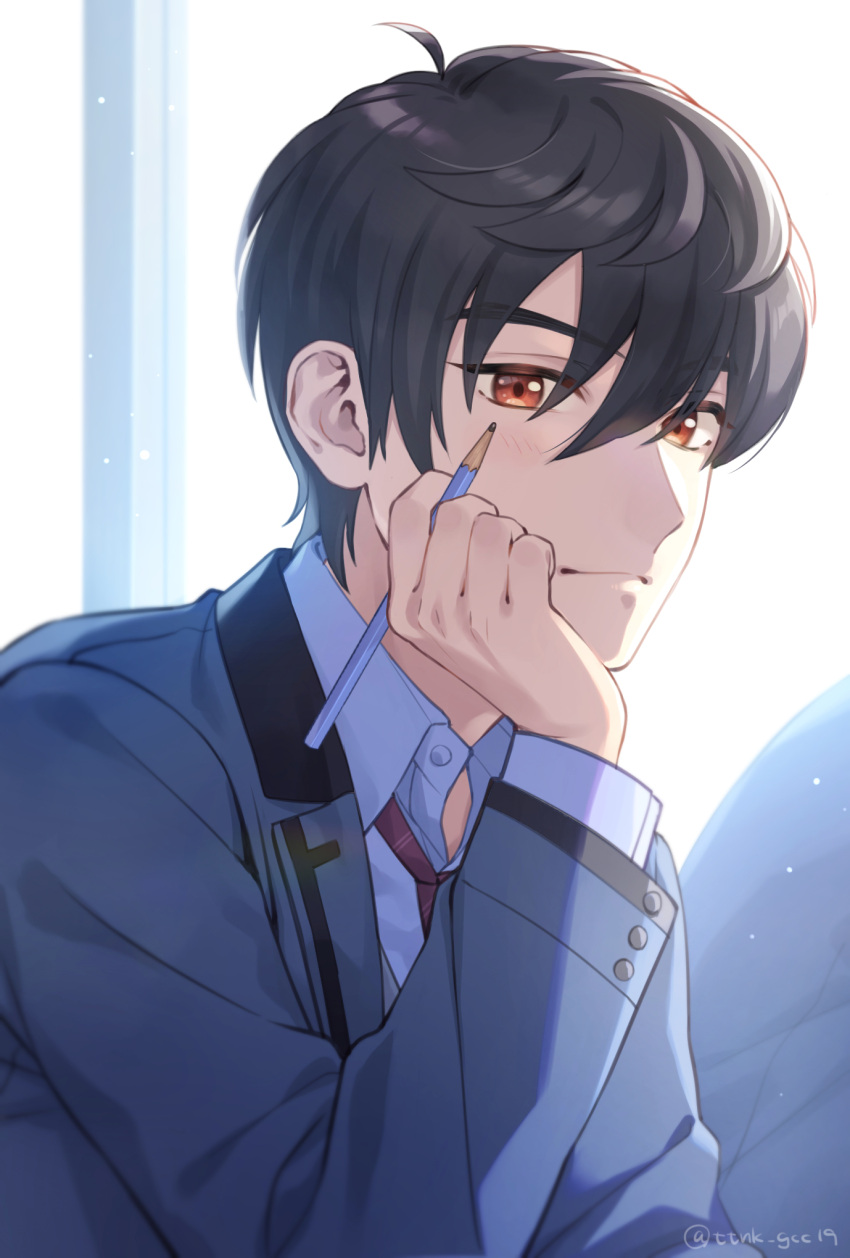 1boy, ahoge, bangs, between_fingers, black_hair, collared_shirt, dress_shirt, elbow_rest, habataki_academy_uniform, hand_on_own_cheek, hand_on_own_face, hand_up, head_rest, highres, holding, holding_pencil, jacket, kazama_ryouta, long_sleeves, looking_at_viewer, male_focus, necktie, orange_eyes, pencil, red_necktie, school_uniform, shirt, short_hair, smile, solo, tokimeki_memorial, tokimeki_memorial_girl's_side_4th_heart, ttnk_gc19, upper_body, white_shirt