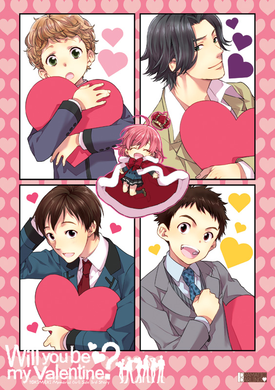 1girl, 4boys, :d, ^_^, ahoge, aizawa_(tokimemo_gs3), bangs, black_hair, blazer, bob_cut, bow, bowtie, brown_hair, cape, carrying, carrying_under_arm, chibi, clenched_hand, closed_eyes, collared_shirt, crown, dress_shirt, english_text, facial_hair, facing_viewer, formal, habataki_academy_uniform, hand_on_own_head, happy, heart, holding, jacket, jumping, kasuga_taiyou, long_sleeves, looking_at_viewer, multiple_boys, necktie, open_mouth, osako_chikara, outstretched_arms, pan_chira, pink_hair, protagonist_(tokimemo_gs3), red_bow, red_bowtie, red_cape, red_necktie, royal_robe, school_uniform, shirt, short_hair, shy, smile, stubble, suit, tatsuya_hasumi, tokimeki_memorial, tokimeki_memorial_girl's_side_3rd_story, white_shirt