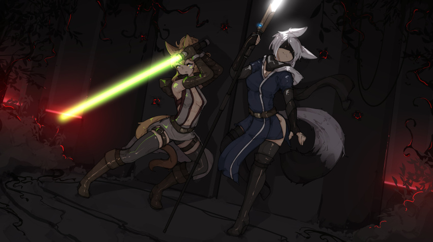 2girls, absurdres, against_wall, animal_ears, bangs, bare_shoulders, belt, black_blindfold