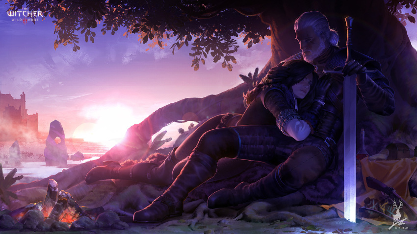 1boy, 1girl, armor, beard, black_footwear, black_legwear, black_pants, boots