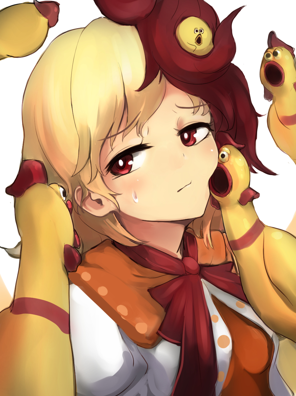 1girl, animal_on_head, bird, bird_on_head, bird_wings, blonde_hair, breasts, capelet