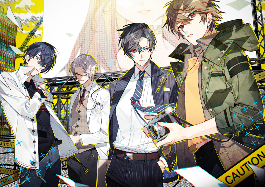 4boys, artem_wing_(tears_of_themis), bangs, belt, belt_buckle, billboard, black_pants, black_shirt