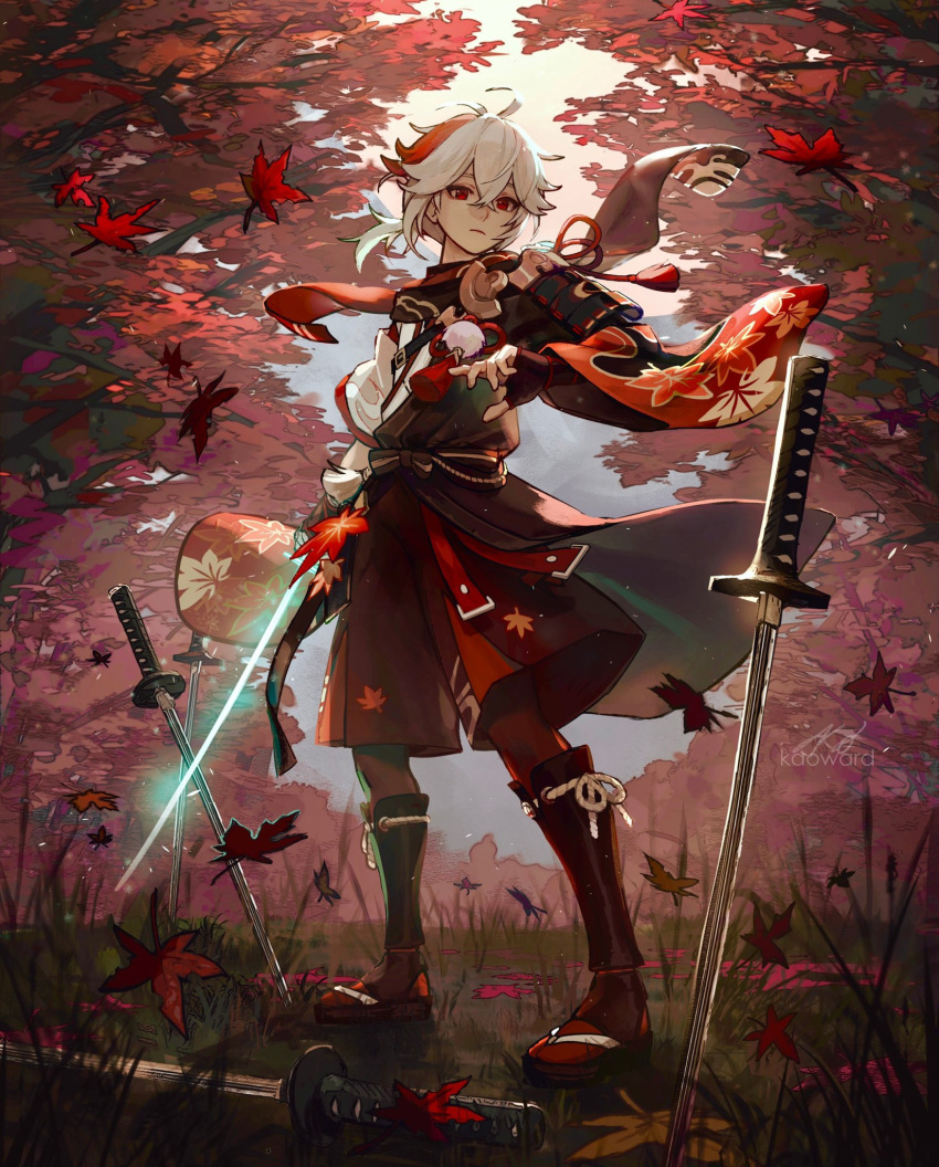 1boy, antenna_hair, armor, artist_name, autumn, autumn_leaves, bangs, belt, black_gloves, commentary, crossed_bangs, english_commentary, fingerless_gloves, flower_knot, forest, full_body, genshin_impact, gloves, grass, hakama, hakama_shorts, highres, holding, holding_sword, holding_weapon, japanese_armor, japanese_clothes, kaedehara_kazuha, katana, leaf, leg_armor, looking_at_viewer, low_ponytail, male_focus, maple_leaf, multicolored_hair, nature, outdoors, pants, pauldrons, planted, planted_sword, pom_pom_(clothes), red_eyes, red_legwear, red_pants, red_scarf, redhead, sandals, scarf, serious, short_hair, shorts, shoulder_armor, shoulder_belt, signature, single_pauldron, sode, solo, standing, streaked_hair, sword, tabi, tassel, tree, uglykao, weapon, white_hair