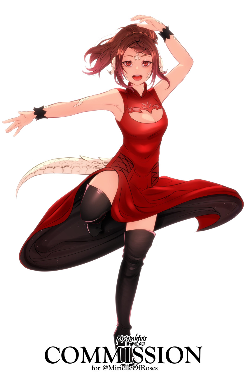 1girl, absurdres, arm_up, au_ra, avatar_(ffxiv), boots, brown_eyes, brown_hair