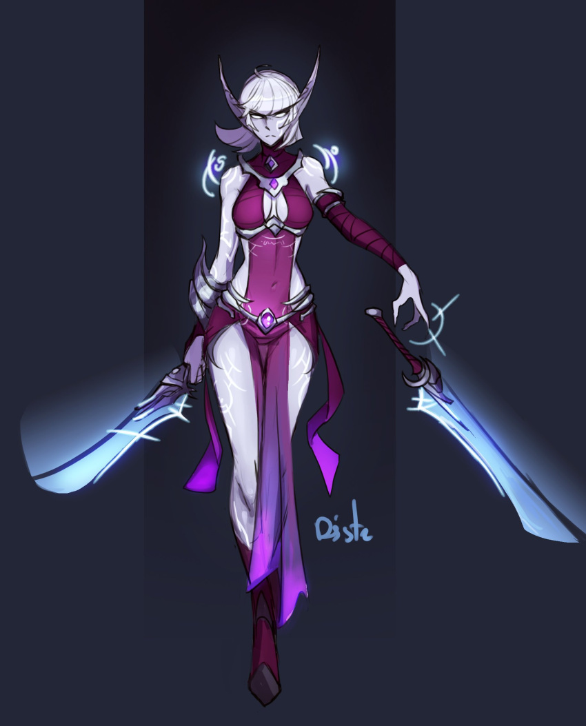 1girl, armored_boots, bangs, boots, colored_skin, dagger, distr, dual_wielding, elf, full_body, glowing, glowing_eyes, highres, holding, jewelry, knife, looking_at_viewer, nightborne, pointy_ears, purple_skin, warcraft, weapon, white_hair, world_of_warcraft
