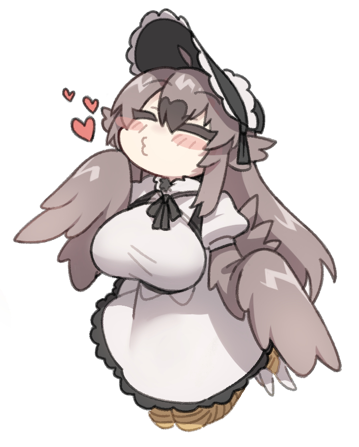 1girl, bangs, bird_legs, black_souls, blowing_kiss, blush, blush_stickers, breasts
