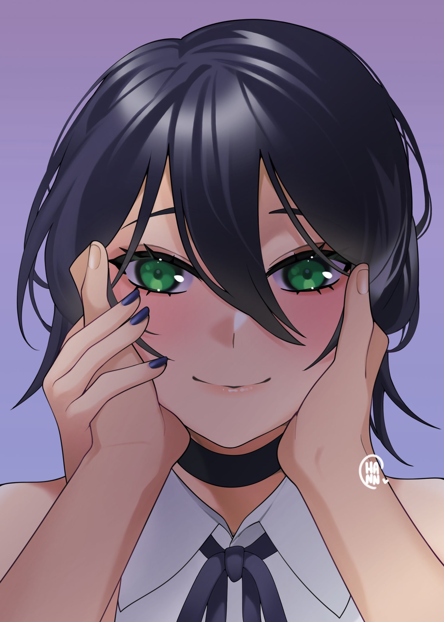 1girl, bare_shoulders, black_choker, black_hair, blue_nails, blush, chainsaw_man, choker, closed_mouth, collared_shirt, commentary, english_commentary, green_eyes, hair_between_eyes, hannreina, highres, looking_at_viewer, medium_hair, nail_polish, pov, pov_hands, purple_background, reze_(chainsaw_man), ribbon, shirt, simple_background, sleeveless, smile, solo_focus, white_shirt