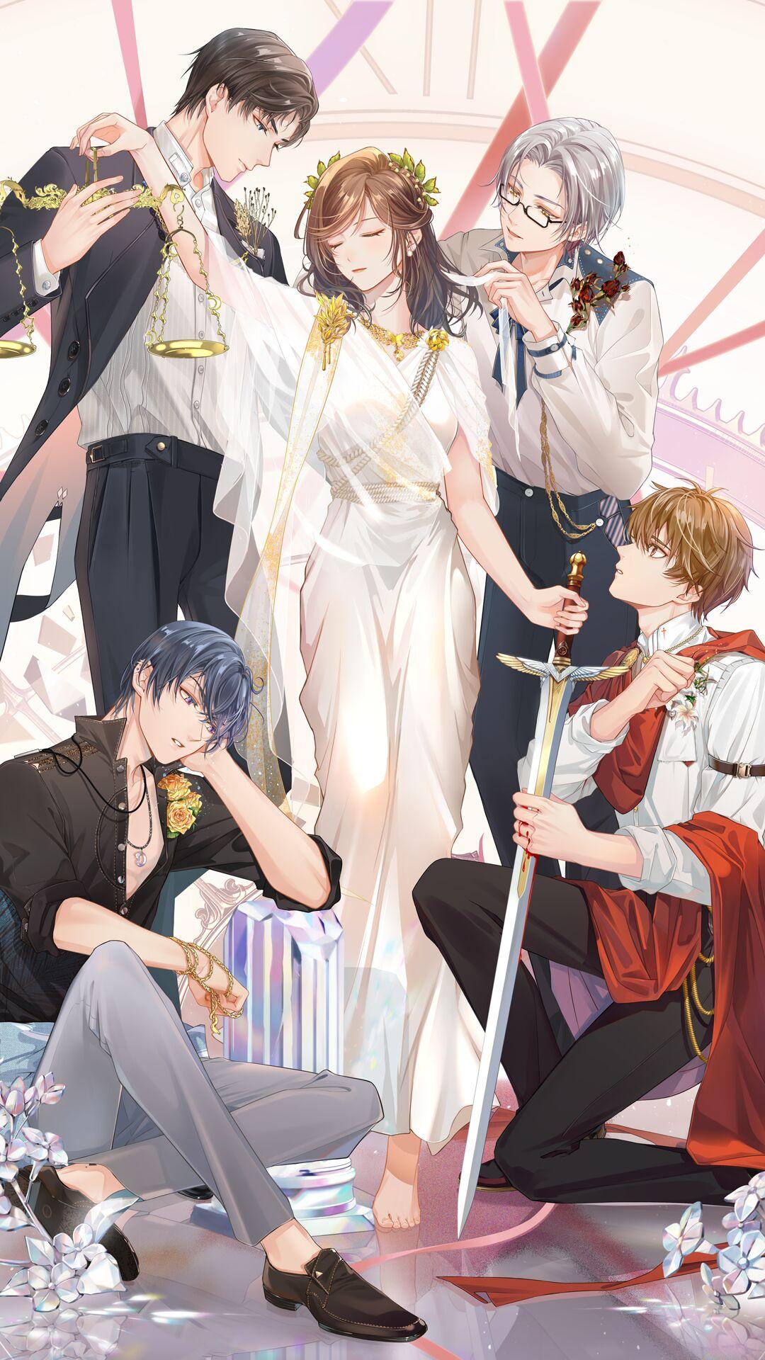 1girl, 4boys, artem_wing_(tears_of_themis), bangs, barefoot, black_footwear, black_jacket, black_pants