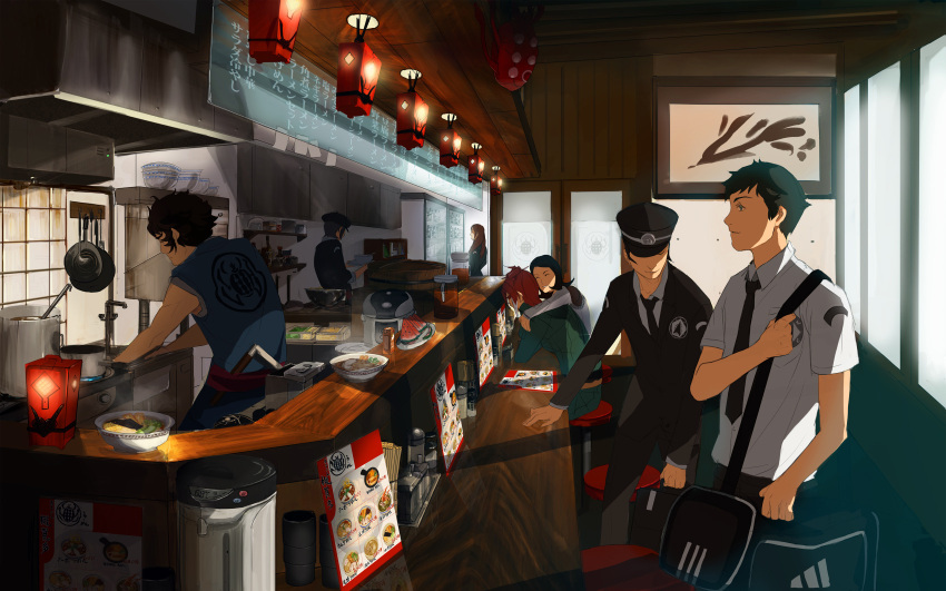 ad, amano_maya, amei, apron, artist_request, black_hair, cooking, crossover, devil_summoner, fire, food, frying_pan, hayasaka_chiaki, highres, hitoshura, kuzunoha_raidou, lantern, male, multiple_girls, nitta_isamu, persona, persona_2, poster_(object), pot, restaurant, serizawa_ulala, shin_megami_tensei, shin_megami_tensei_iii:_nocturne, stove, tsukigata_dahn
