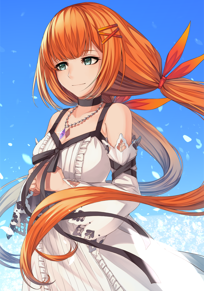 1girl, bare_shoulders, breasts, closed_mouth, collarbone, dress, hair_ornament, hair_ribbon