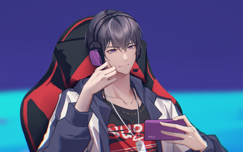 1boy, bangs, black_shirt, chair, closed_mouth, dog_tags, fengtu_ad, gaming_chair