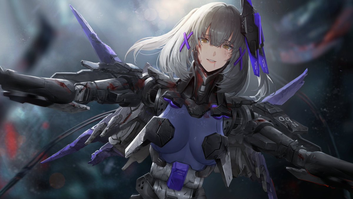 1girl, android, blood, blood_on_face, blurry, blurry_background, breasts, brown_eyes