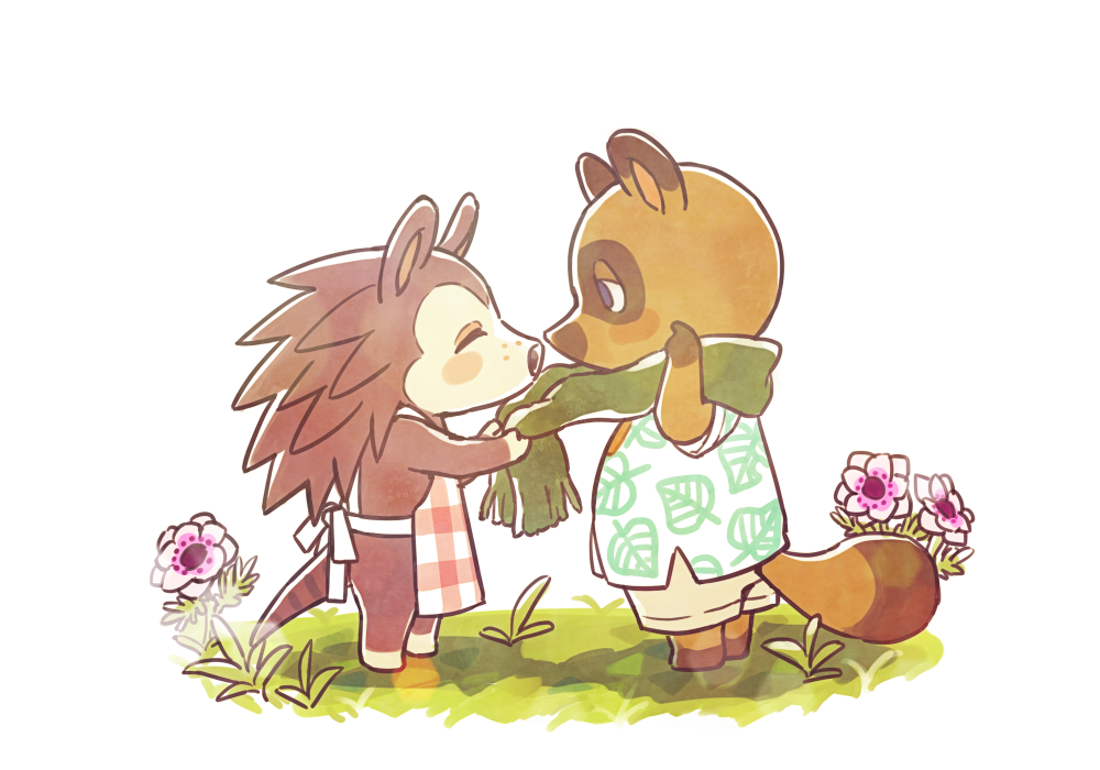 1boy, 1girl, adjusting_another's_clothes, adjusting_clothes, animal_crossing, animal_nose, apron, bare_shoulders