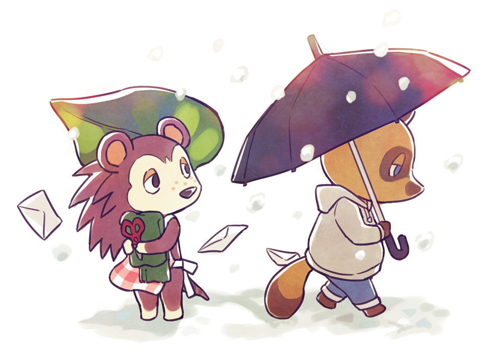 1boy, 1girl, animal_crossing, animal_nose, apron, bare_shoulders, barefoot, black_eyes