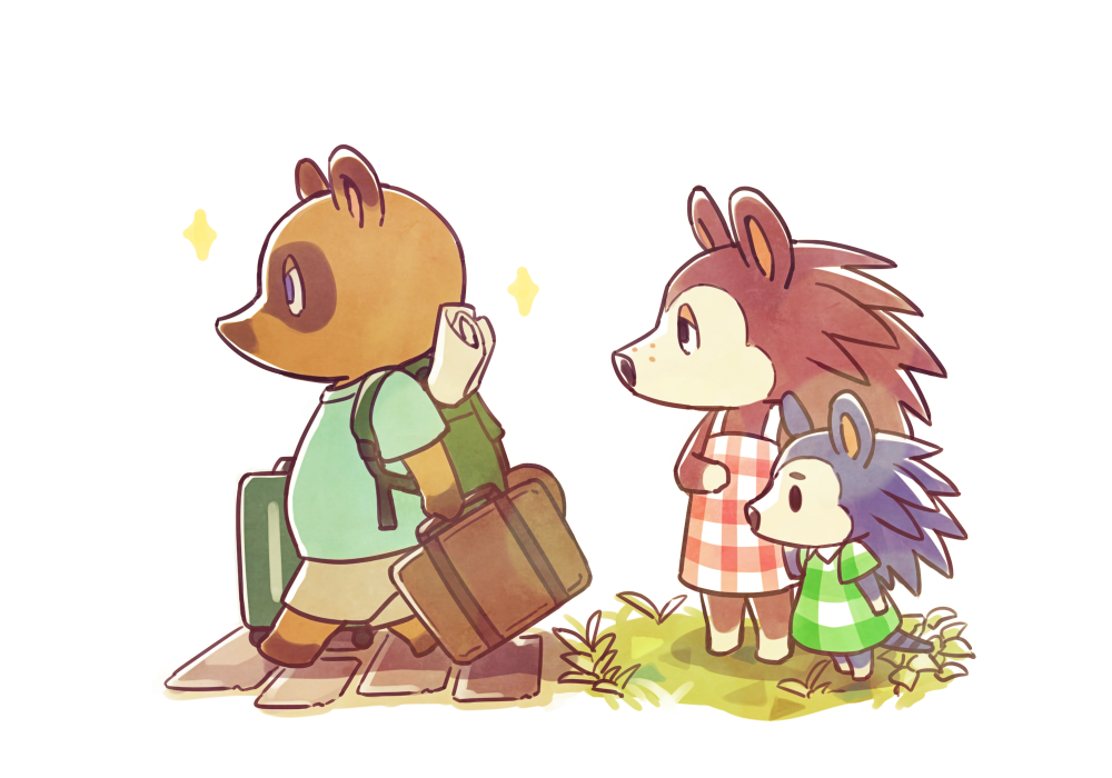 1boy, 2girls, animal_crossing, animal_nose, apron, backpack, bag, bare_shoulders