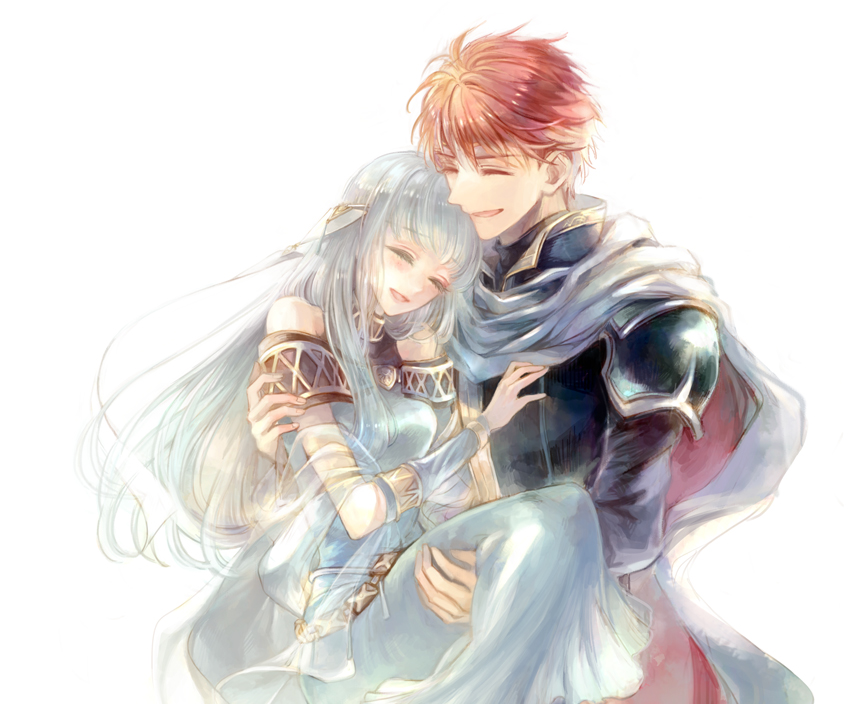 1boy, 1girl, armor, bare_shoulders, blue_cape, blue_dress, blue_hair, blue_shirt