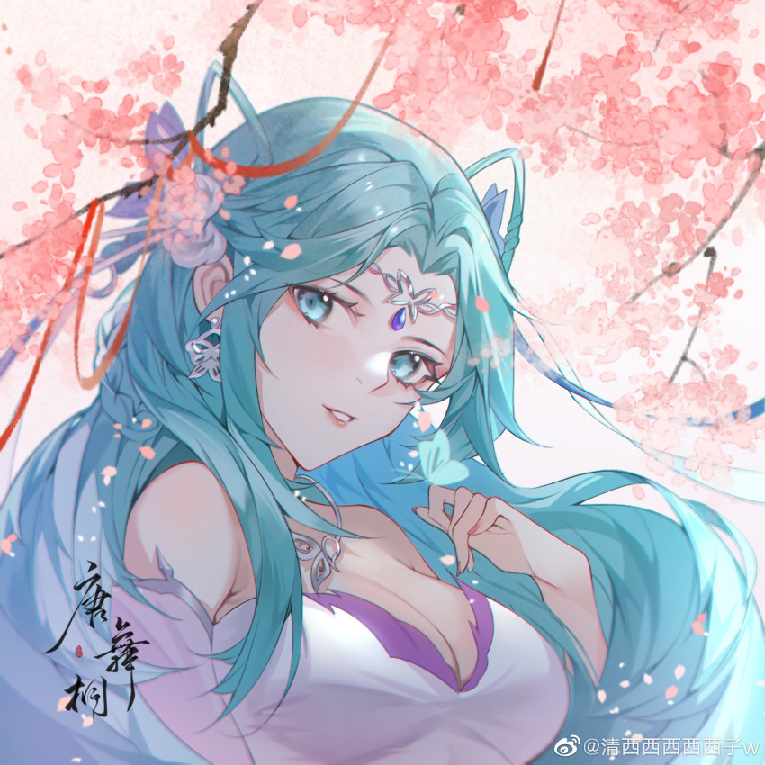 1girl, blue_eyes, blue_hair, braid, breasts, bug, butterfly, cherry_blossoms