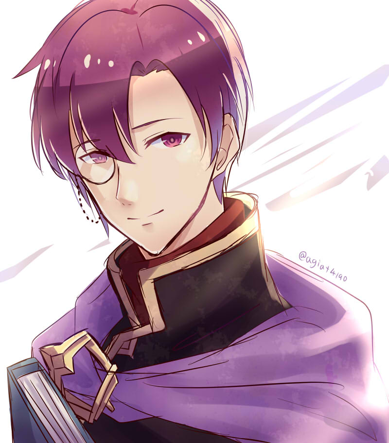 1boy, black_robe, book, canas_(fire_emblem), cape, fire_emblem, fire_emblem:_the_blazing_blade, looking_at_viewer, monocle, purple_cape, purple_hair, smile, taiga_kazame, violet_eyes